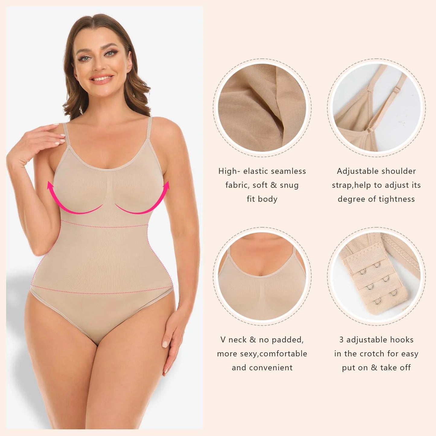 Women'S 2 Piece Thong Shapewear Bodysuits V-Neck Sleeveless Adjustable Spaghetti Strip Body Shaper Tops