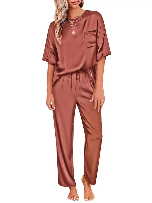 Womens Silk Satin Pajama Set Short Sleeve Shirt with Long Pajama Pant Set Two-Piece Pj Sets Soft Sleepwear Loungewear Nightwear Pjs S-2XL, Wine Red, XXL