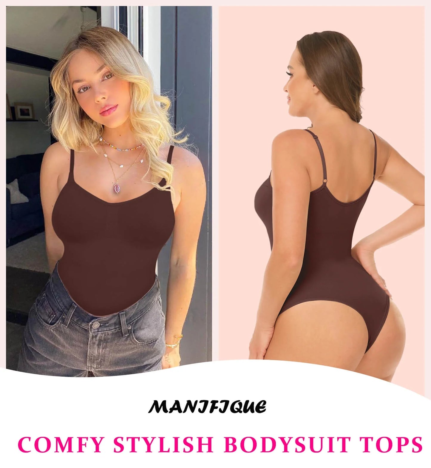 Women'S 2 Piece Thong Shapewear Bodysuits V-Neck Sleeveless Adjustable Spaghetti Strip Body Shaper Tops